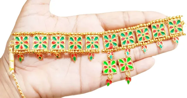 Assamese_Traditional_Gold_Plated_Red_Green_Colour_Golpata_Necklace_Set_For_Women
